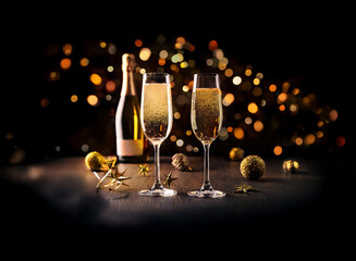 Poster - Two champagne flutes filled to the rim with bubbly,  a bottle of champagne, and gold ornaments sit on a dark wooden table with a festive bokeh background.