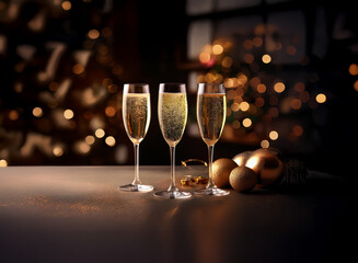 Poster - Three champagne flutes filled with sparkling wine sit on a table with gold Christmas ornaments in front of a blurred background of a decorated Christmas tree.
