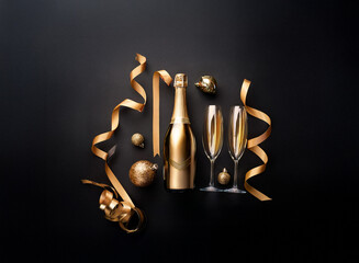 Poster - A champagne bottle, two champagne flutes, and gold ornaments and ribbon are arranged on a black background.