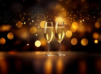 Fototapete - Two champagne flutes filled with bubbly sit against a dark background with sparkling gold bokeh.