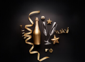 Poster - A golden champagne bottle and two glasses are surrounded by festive decorations on a black background.