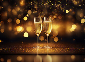 Poster - Two champagne flutes filled with sparkling wine sit on a glittering surface with a bokeh background.