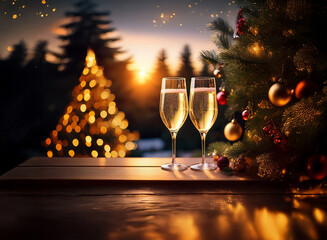 Poster - Two champagne flutes sit on a wooden table with a decorated Christmas tree and a sunset in the background.