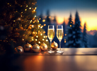 Poster - Two champagne flutes sit on a table in front of a Christmas tree with golden ornaments and a wintery mountain sunset in the background.