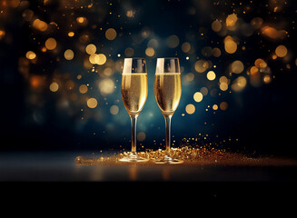 Poster - Two champagne flutes filled with bubbly stand on a dark table with gold glitter scattered around the base. A dark blue background is adorned with out-of-focus golden lights.