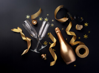 Poster - A champagne bottle, two glasses, and gold ribbon are arranged on a black background, signifying celebration and festivity.