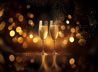 Poster - Two champagne flutes clink together, sparkling with golden bubbles against a backdrop of warm, blurry lights.