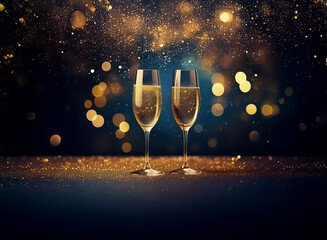 Poster - Two champagne flutes filled with sparkling wine stand on a table against a dark background with golden bokeh lights.