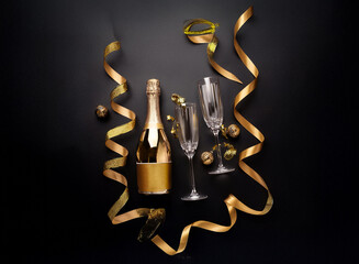 Poster - A champagne bottle with gold foil label, two champagne flutes, and gold ribbon on a black background.