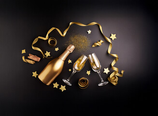 Poster - A gold champagne bottle, two champagne flutes, gold ribbon, gold glitter, and gold stars are arranged on a black background.