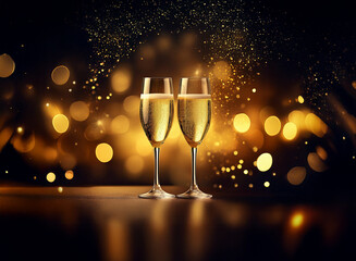 Poster - Two champagne flutes filled with bubbly against a backdrop of soft, golden bokeh lights.