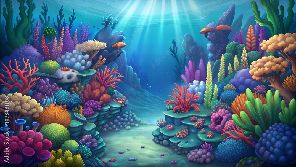 Cartoon colorful underwater coral reef scene featuring a variety of sea ...