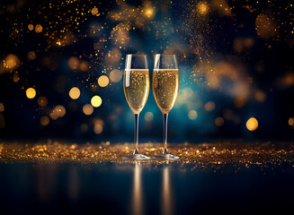 Poster - Two champagne flutes filled with bubbly sit on a table covered in gold glitter against a dark blue background with golden bokeh.