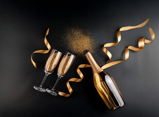Poster - A bottle of champagne, two glasses, and a ribbon of gold sparkle against a black backdrop.