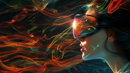 Poster - long haired girl in hi-tech VR glasses. Background in a high-tech style. Shining lines resembling neural networks, connections, and digital circuits.
