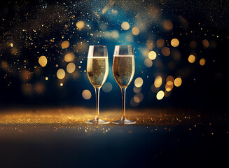 Poster - Two champagne flutes filled with sparkling wine stand on a table covered in gold glitter against a dark blue background with out-of-focus golden lights.