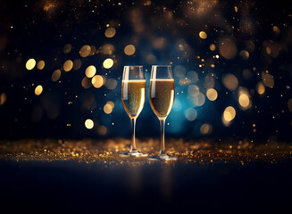 Poster - Two champagne flutes filled with sparkling wine stand on a table with gold glitter against a dark background with golden bokeh.