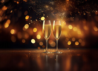 Poster - Two champagne flutes filled with golden sparkling wine sit on a dark surface with a soft glow of light.