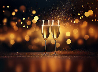 Poster - Two champagne flutes filled with sparkling wine sit on a table with a bokeh background of sparkling lights.
