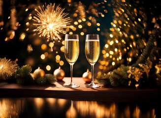 Poster - Two champagne flutes with golden bubbly are set on a wooden surface with festive decorations, a sparkling firework, and out-of-focus lights.