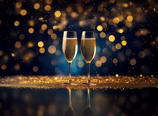 Poster - Two champagne flutes filled with bubbly sit on a table with gold glitter and a bokeh background.