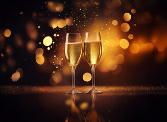 Poster - Two champagne flutes filled with sparkling wine sit on a dark, shimmering surface. The background is a blur of golden lights.