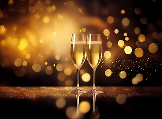 Poster - Two champagne flutes filled with bubbly are displayed against a bokeh background of warm, golden light.