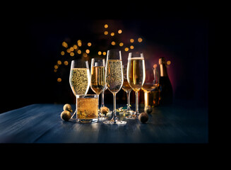 Poster - A group of champagne flutes filled with sparkling wine stand on a dark wood surface, with a bottle of champagne in the background and gold lights blurred in the distance.