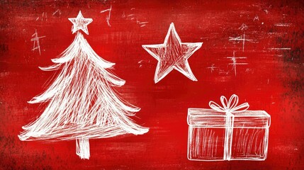 Poster - Simple red and white Christmas doodle featuring a minimalist tree, star, and gift box, set on a clean background.
