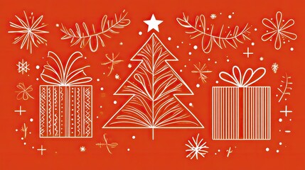 Poster - Simple red and white Christmas doodle featuring a minimalist tree, star, and gift box, set on a clean background.