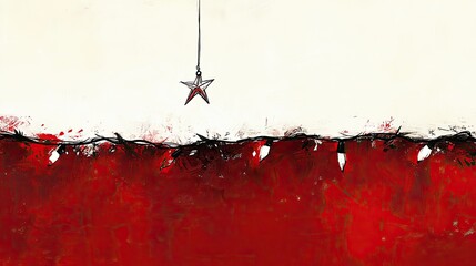 Poster - Simple red and white doodle of Christmas lights and a star, created with minimal, clean strokes.