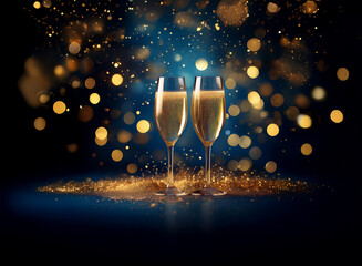Poster - Two champagne flutes filled with bubbly stand side by side against a dark blue background, sparkling with golden bokeh lights.