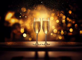 Poster - Two champagne flutes filled to the brim sit on a wooden table against a blurred background of warm lights.