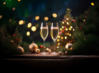 Poster - Two champagne flutes filled with sparkling wine sit on a wooden surface, surrounded by Christmas ornaments and pine branches.  A blurred Christmas tree with lights is in the background.