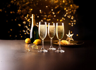 Poster - Three champagne flutes filled with sparkling wine sit on a table with a bottle, lemons, and a festive star.