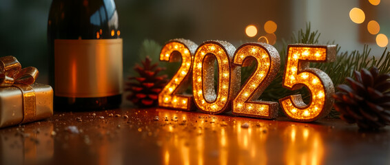 Wall Mural - Luminous 2025 sign celebrating new year with festive decorations