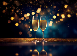 Poster - Two champagne flutes filled with golden liquid stand on a surface covered in golden glitter against a dark blue background with twinkling lights.