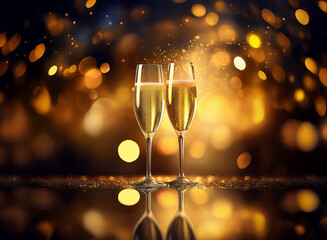 Poster - Two champagne flutes filled with sparkling wine sit on a table in front of a shimmering golden background.