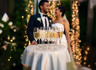 Poster - A table with champagne flutes awaits the bride and groom in the background.
