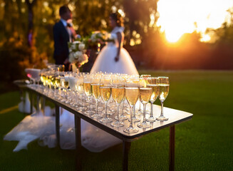 Poster - A table full of champagne flutes for a wedding reception, with the bride and groom out of focus in the background.