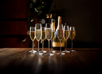 Fototapete - A bottle of champagne and a row of champagne flutes sit on a wooden table.