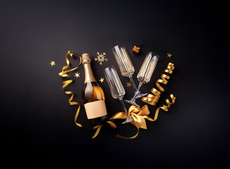 Poster - A champagne bottle, two champagne flutes, gold ribbon, confetti, and a small gift box arranged on a black background.