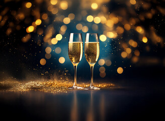 Poster - Two champagne flutes filled with sparkling wine stand on a surface covered with gold glitter against a dark blue background with gold bokeh lights.