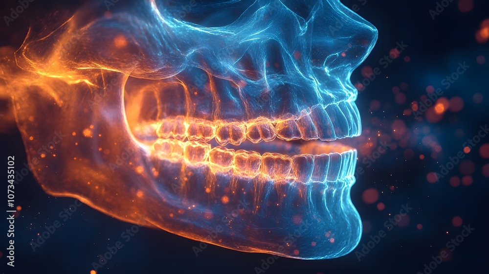 3D dental x-ray visualization showing human jaw anatomy with blue and ...