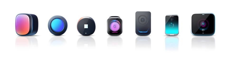 Poster - Collection of digital home assistants and smart devices, such as a smart speaker and thermostat, displayed with subtle reflections on a pure white background. Vector art, 4k resolution,