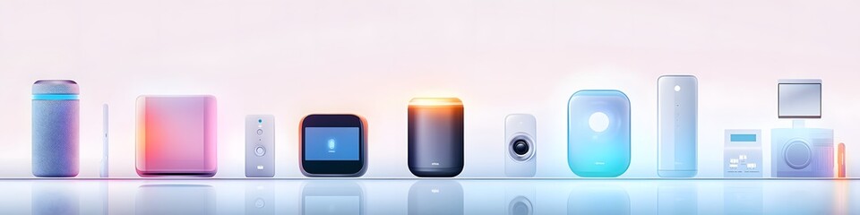 Poster - Collection of digital home assistants and smart devices, such as a smart speaker and thermostat, displayed with subtle reflections on a pure white background. Vector art, 4k resolution,