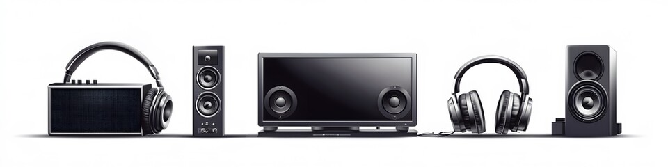 Aufkleber - Series of audio and visual appliances, including a speaker, projector, and headphones, arranged in a visually balanced line on a seamless white background. Vector art, 4k resolution, ultra-realistic,