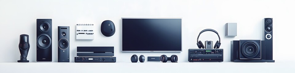 Aufkleber - Series of audio and visual appliances, including a speaker, projector, and headphones, arranged in a visually balanced line on a seamless white background. Vector art, 4k resolution, ultra-realistic,