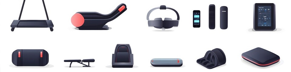 Poster - Assortment of personal fitness appliances like an electric treadmill, body massager, and fitness tracker, displayed in a clean and orderly fashion on a white background. Vector art, 4k resolution,