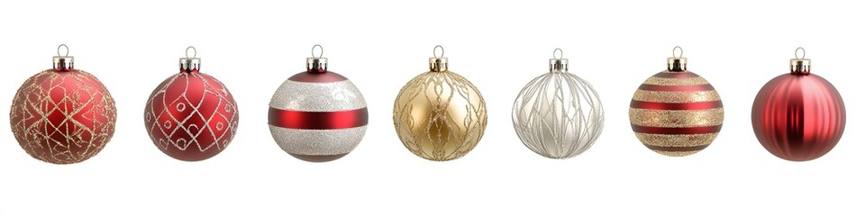 Aufkleber - A collection of classic Christmas ornaments, including baubles in red, gold, and silver, arranged in a neat line with intricate detailing on a white background. Vector art, no shadows, 4k resolution,
